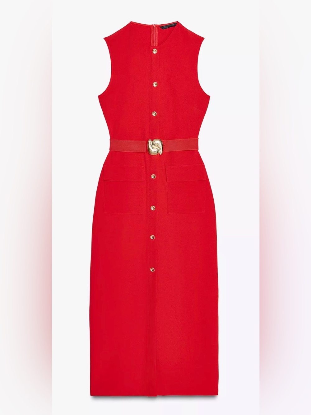 Zara Vibrant Red Belted Crepe Midi Dress